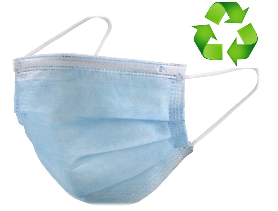 un masque bleu 3 plis avec le sigle du recyclage et ses 3 flêches vertes