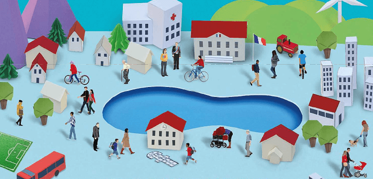 dessin représentant la place principale du village